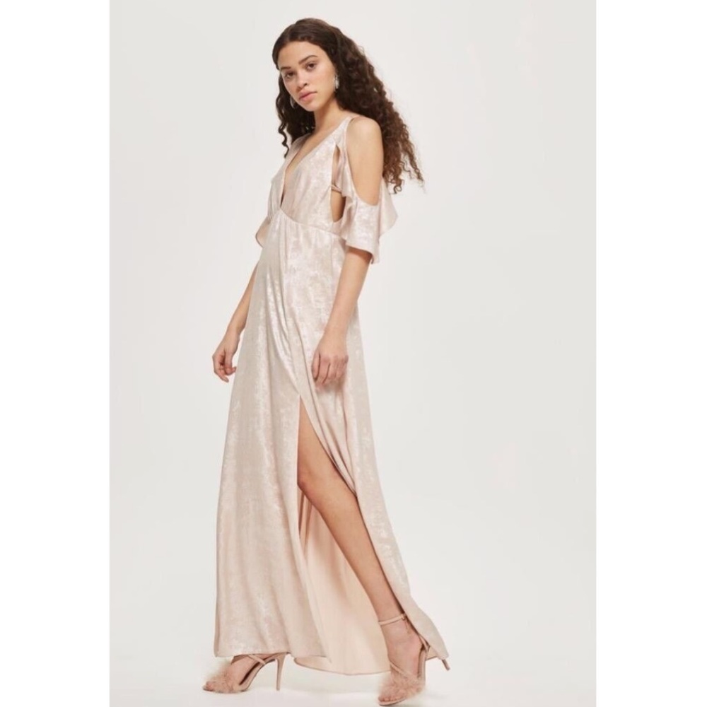 Topshop Blush Pink Foil Cold Shoulder Plunging Formal Maxi Dress